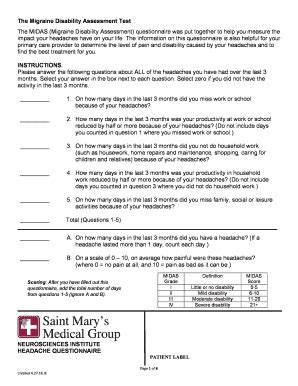midas questionnaire|MIDAS: Migraine Disability Assessment Questionnaire.